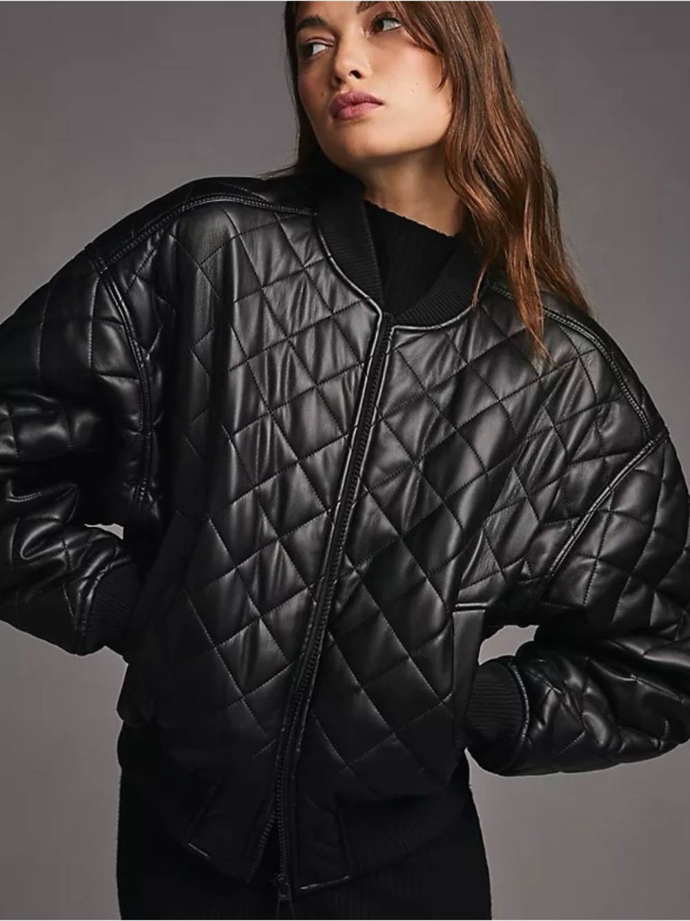 Good American Quilted Faux Leather Bomber Jacket - Black